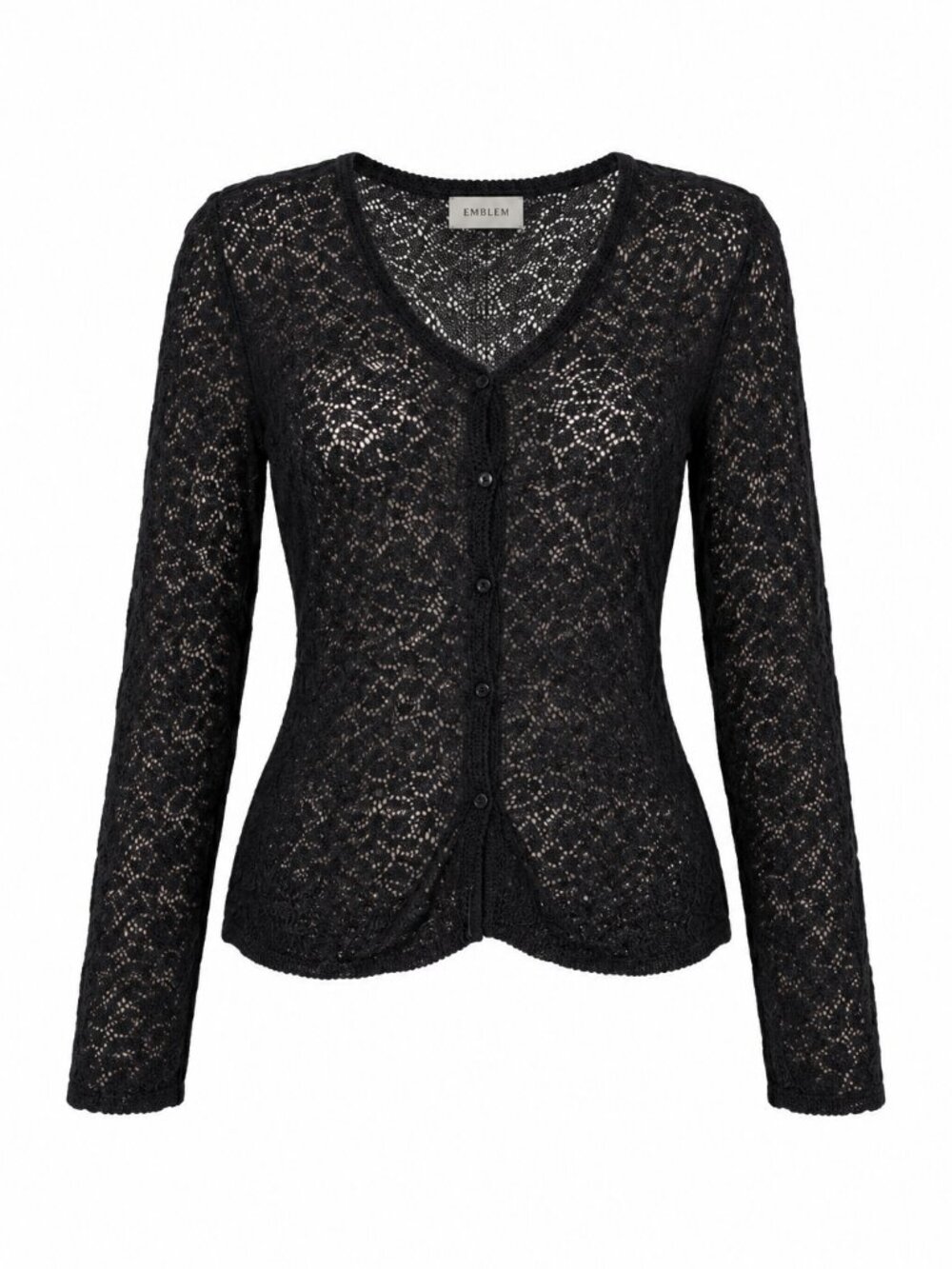 Vintage Hand Knit Whimsigoth Black Lace Cardigan Emblem Size Medium